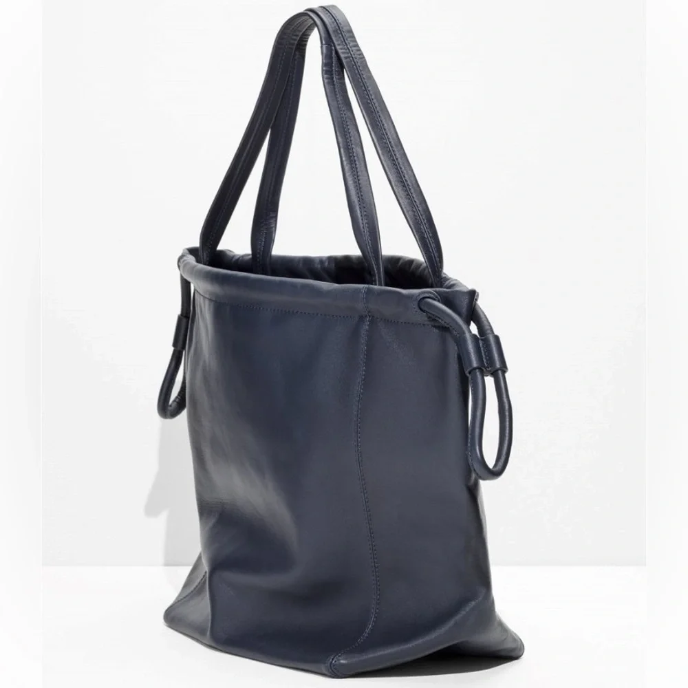 & Other Stories Leather Oversized Drawstring Tote, Navy. - Picture 3 of 12